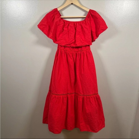 Lucy Paris Tiered Midi Dress Size Small Red Off the Shoulder Peasant Boho - Picture 7 of 10